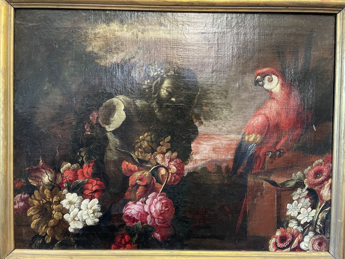 Still Life With Flowers And A Parrot, 17th Century-photo-3