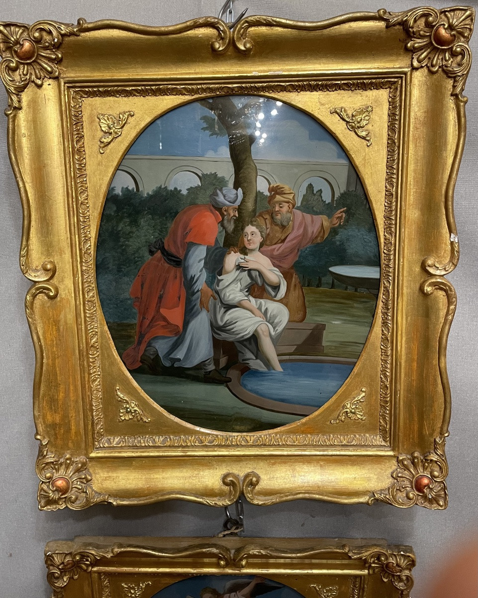 Pair Of 18th-century Paintings Under Glass-photo-3