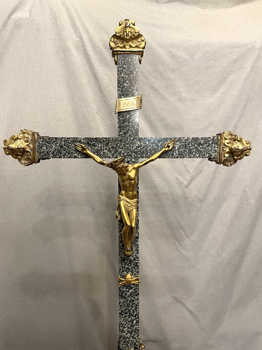 Processional Cross In Marble And Bronze, 17th Century-photo-2