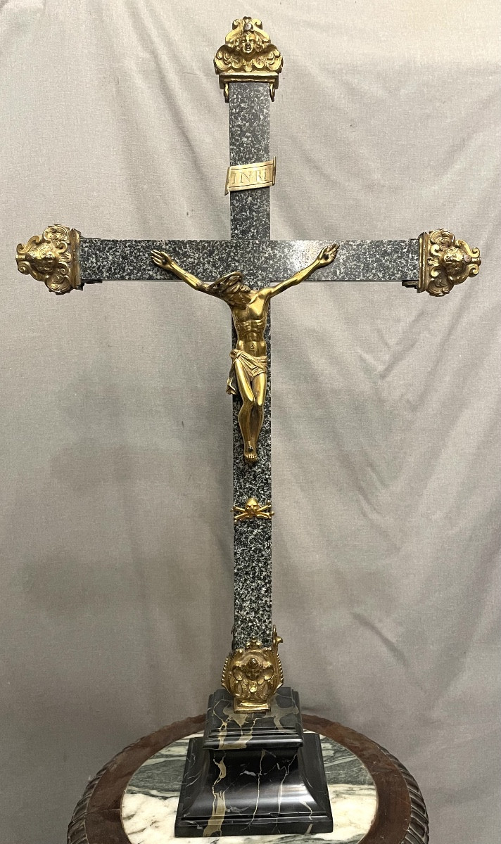 Processional Cross In Marble And Bronze, 17th Century