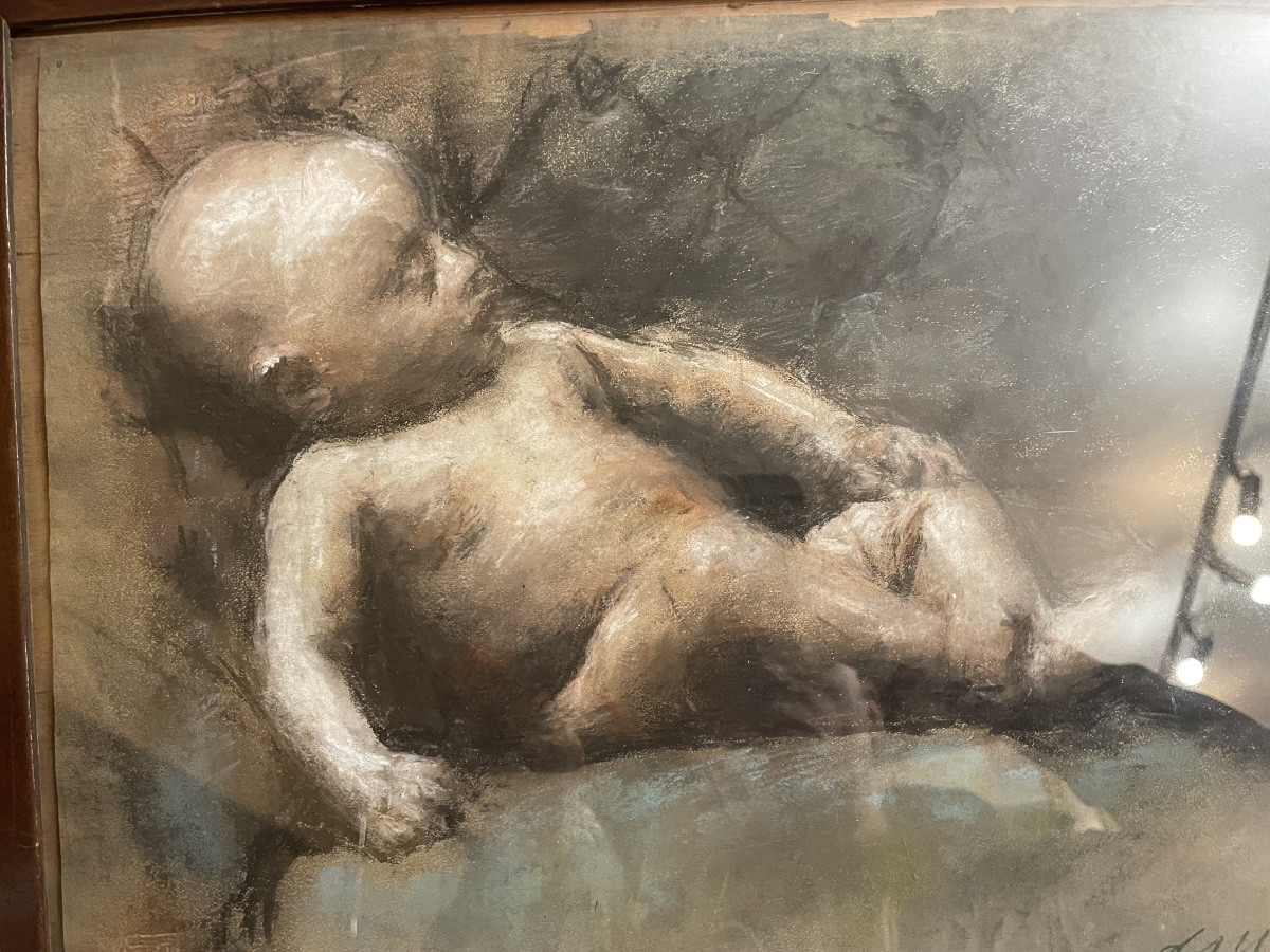 Charcoal And Pastel Drawing By Antonio Mancini, 20th Century-photo-2
