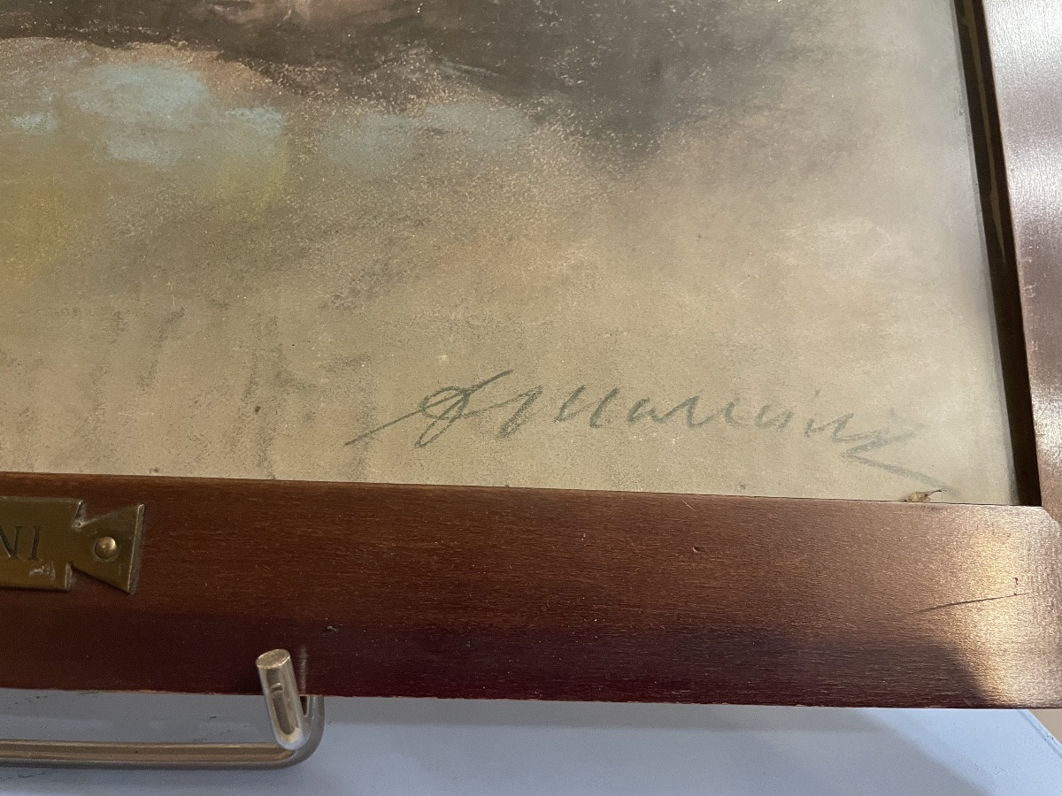 Charcoal And Pastel Drawing By Antonio Mancini, 20th Century-photo-3