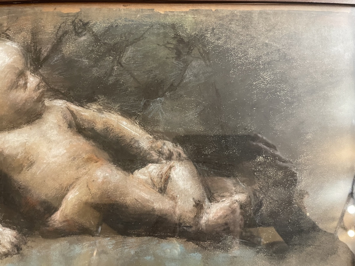 Charcoal And Pastel Drawing By Antonio Mancini, 20th Century-photo-4