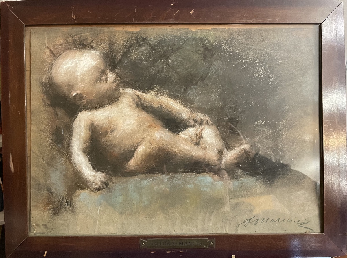 Charcoal And Pastel Drawing By Antonio Mancini, 20th Century