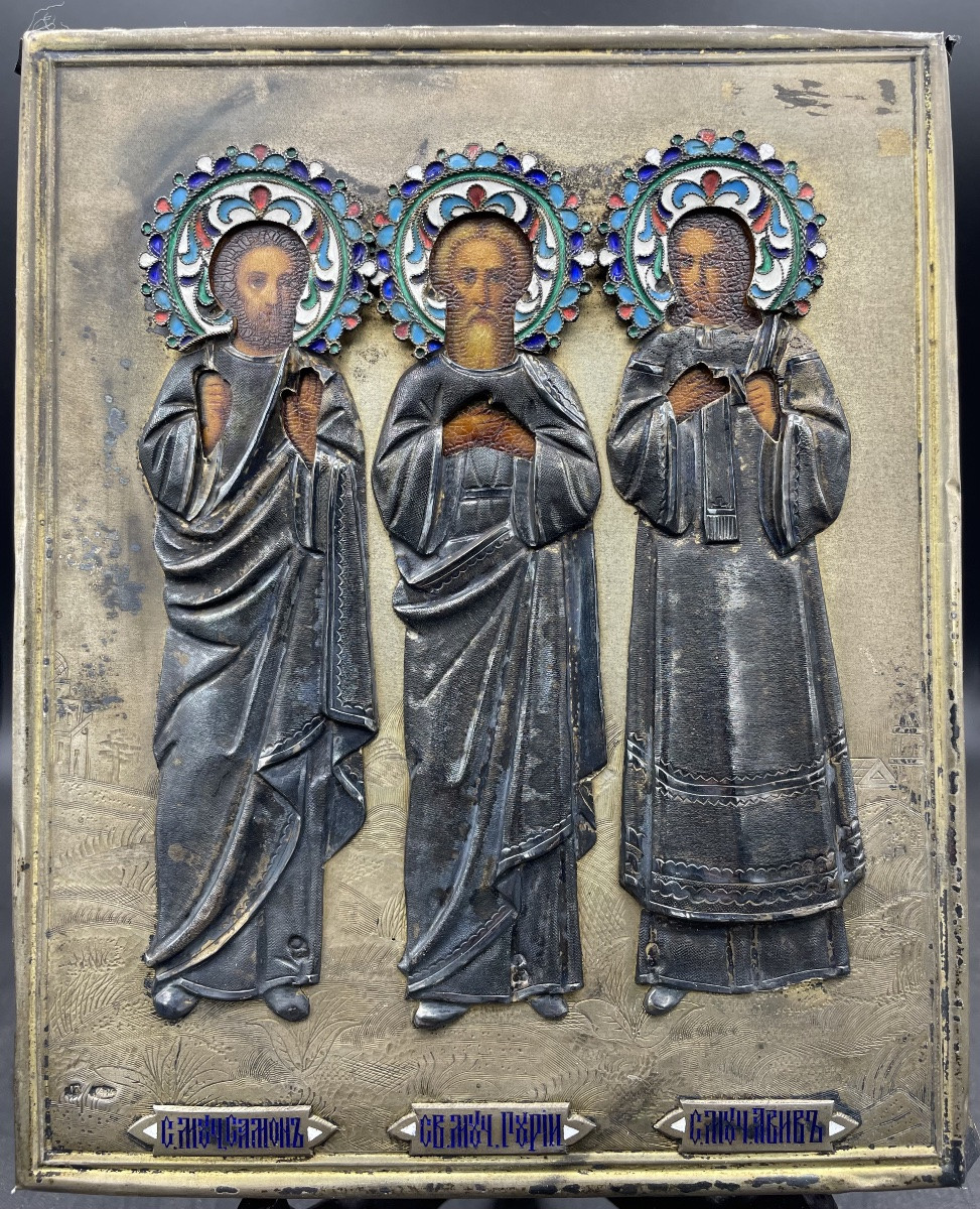 Icône russe représentant les trois saints, XIXe siècle-photo-2