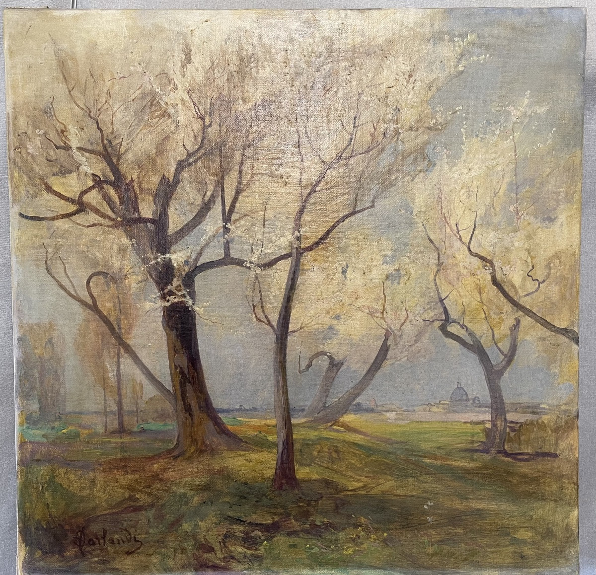 Huile sur toile d'Onorato Carlandi, campagne romaine, XXe siècle-photo-2
