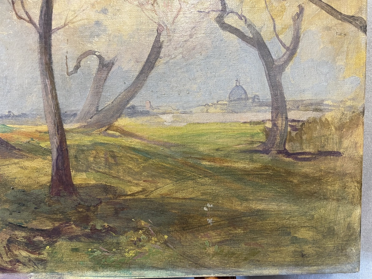 Huile sur toile d'Onorato Carlandi, campagne romaine, XXe siècle-photo-1