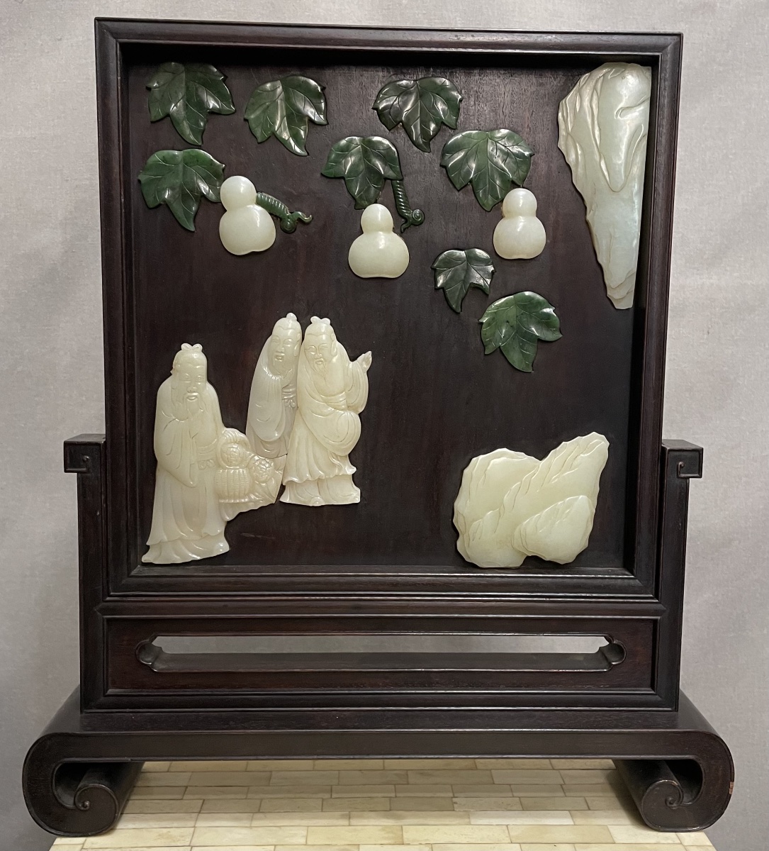 Wooden And Jade Desk Screen For Scholars, China, 20th Century