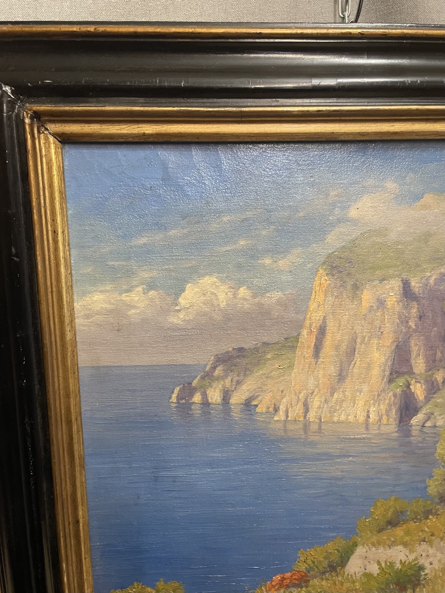 Peinture à l'huile sur toile représentant la côte de Capri, par W. Wellers, XXe siècle.-photo-4