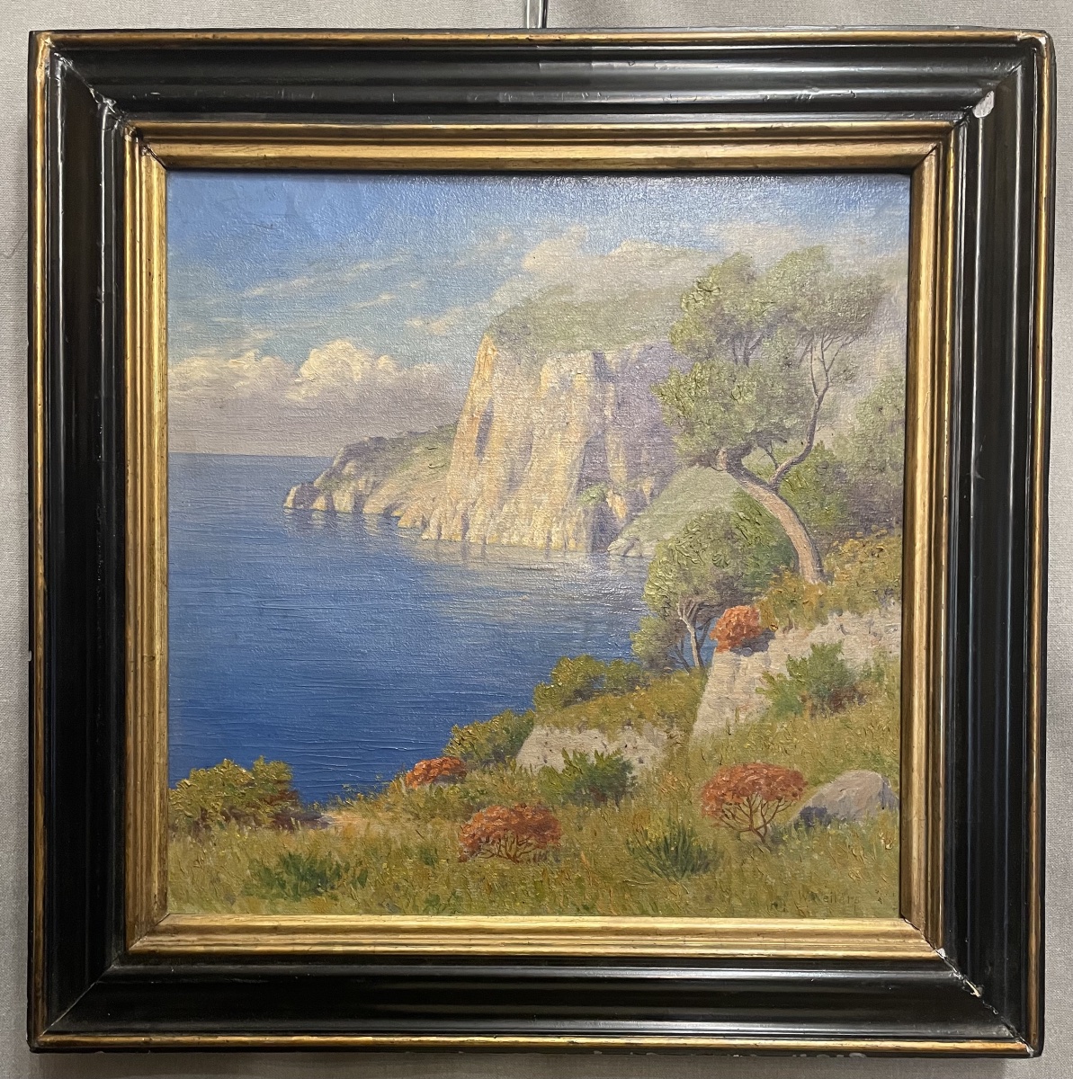 Peinture à l'huile sur toile représentant la côte de Capri, par W. Wellers, XXe siècle.