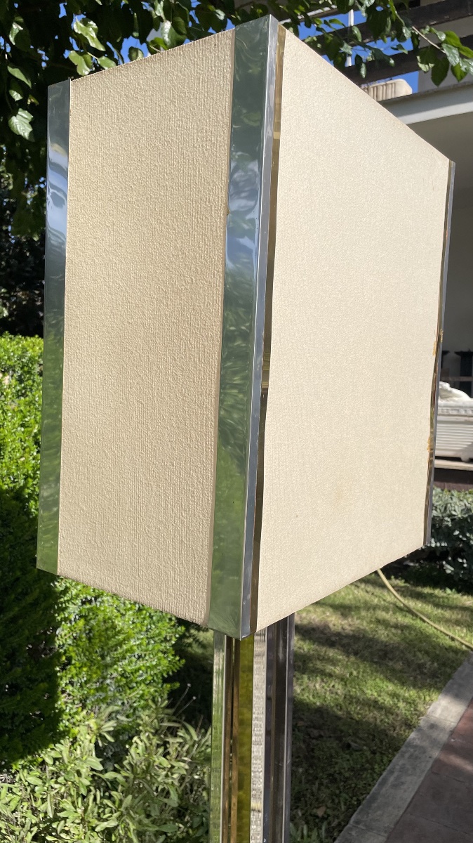 Grand lampadaire en métal chromé et laiton, années 60/70-photo-7