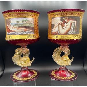 Pair Of Glasses Painted With Famous Paintings Venice 20th Century