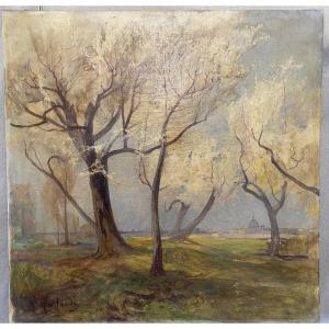 Huile sur toile d'Onorato Carlandi, campagne romaine, XXe siècle
