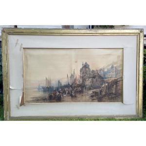 Large Watercolor By Paul Marny, Depicting The Normandy Coast. 19th Century