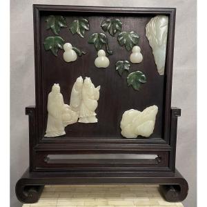 Wooden And Jade Desk Screen For Scholars, China, 20th Century