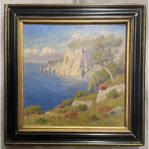 Peinture à l'huile sur toile représentant la côte de Capri, par W. Wellers, XXe siècle.