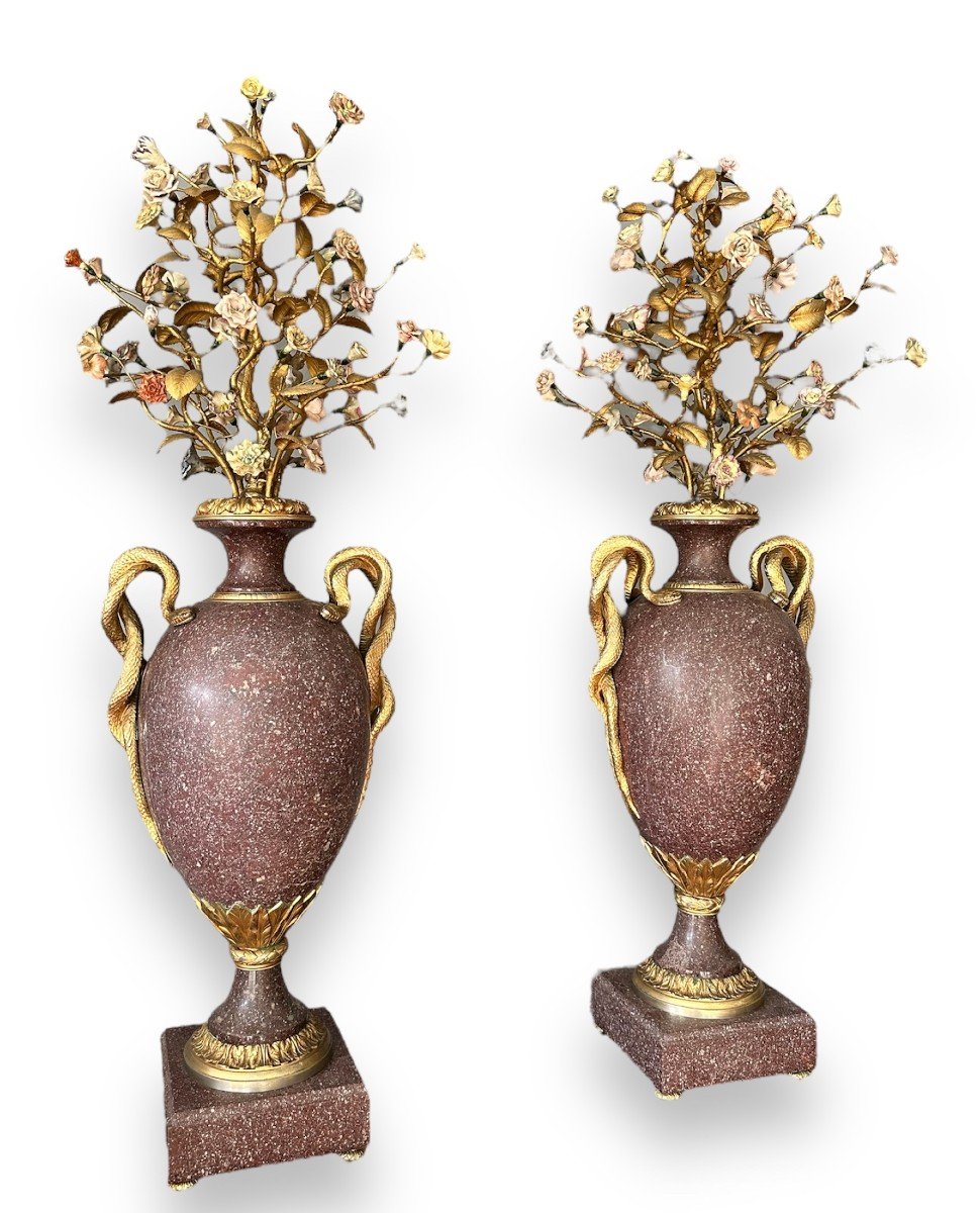 19eme Siècle, Paire De Vases En Porphyre égyptien, Bronze Doré, Porcelaine-photo-2