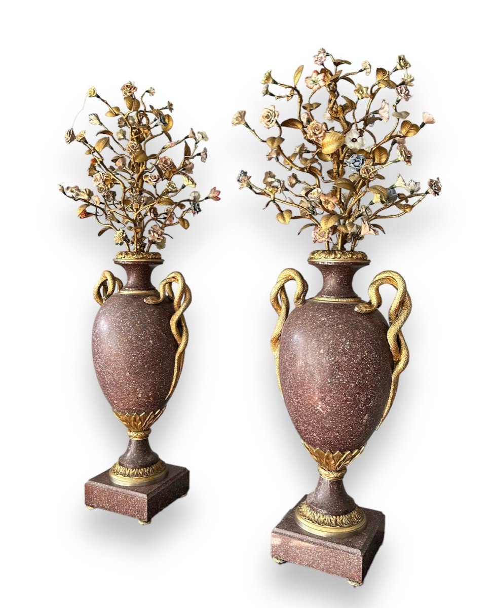 19eme Siècle, Paire De Vases En Porphyre égyptien, Bronze Doré, Porcelaine-photo-3