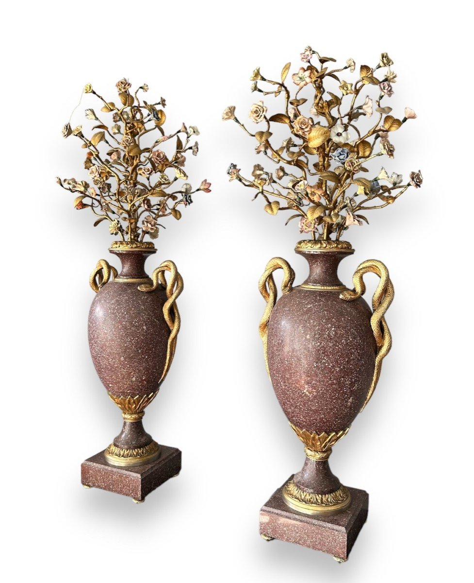 19th Century Pair Of Egyptian Porphyry Vases And Vessels Porcelain Gilded Bronze-photo-3