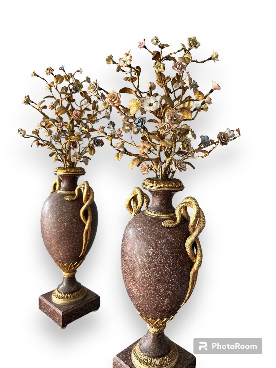 19eme Siècle, Paire De Vases En Porphyre égyptien, Bronze Doré, Porcelaine-photo-5