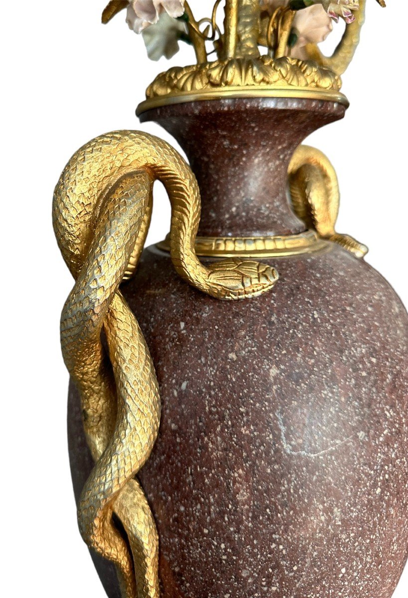 19eme Siècle, Paire De Vases En Porphyre égyptien, Bronze Doré, Porcelaine-photo-6