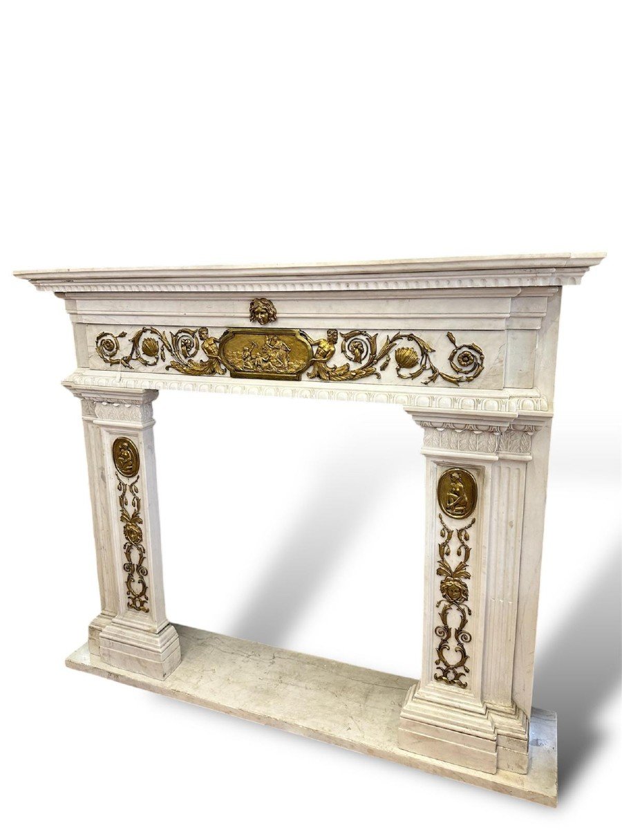 19th Century, Fireplace In White Marble And Gilded Bronze-photo-4