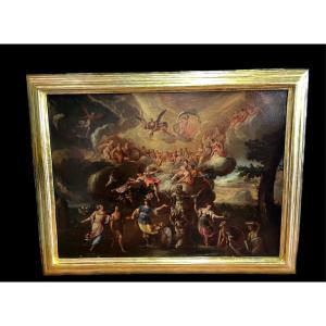 Antique 17th Century Oil Painting On Canvas, Mythological Scene, The Symposium Of The Gods