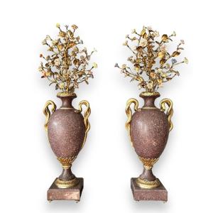 19eme Siècle, Paire De Vases En Porphyre égyptien, Bronze Doré, Porcelaine