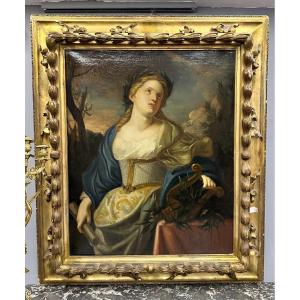 18th Century Oil Painting On Canvas Coeval Frame Allegory Of Music