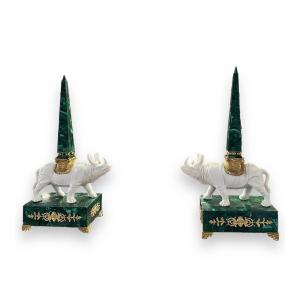 19th Century, Napoleon III, Pair Of Obelisks In Malachite, Marble And Gilded Bronze