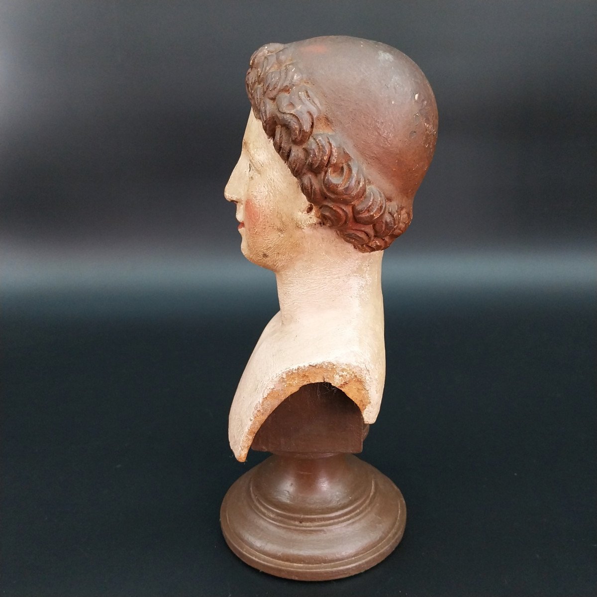 Little Bust, Sculpture, Hand Carved In Polychrome Wood From The 18th Century. -photo-1