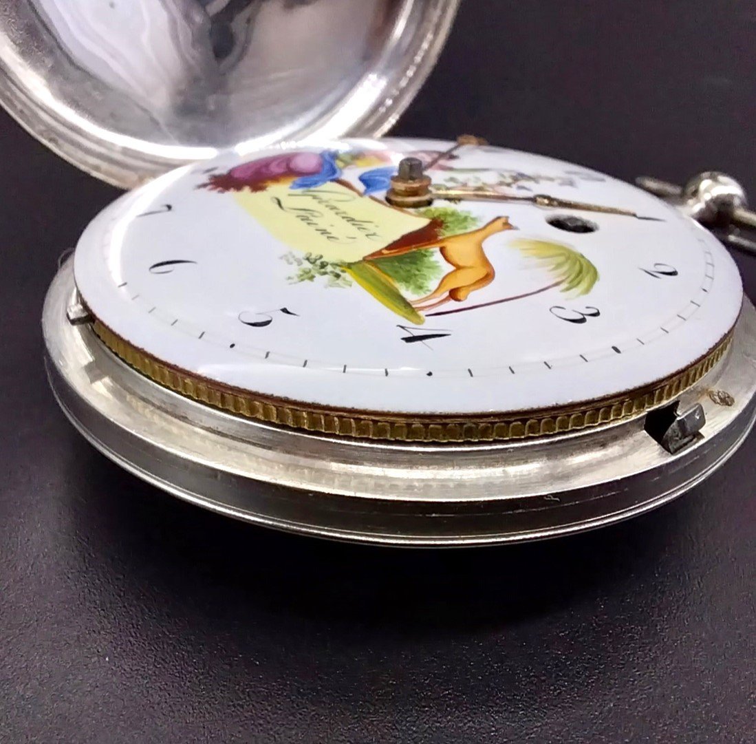Rare Full Hunter Pocket Watch With Verge Escapement And Painted Dial, 1790-photo-8