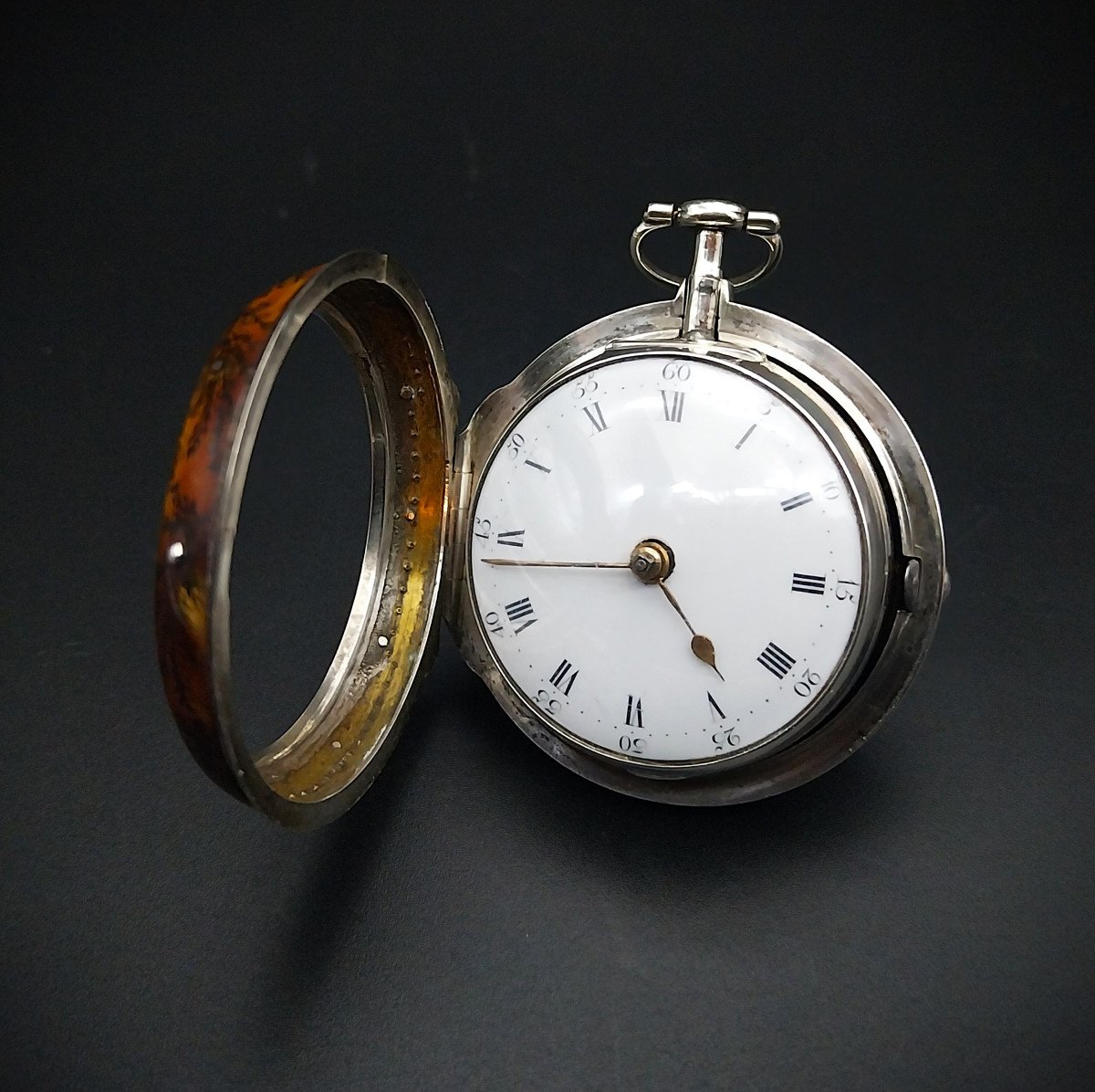 Rare English Underpainted Horne Verge Pair Cases Pocket Watch, 18th Century.-photo-6