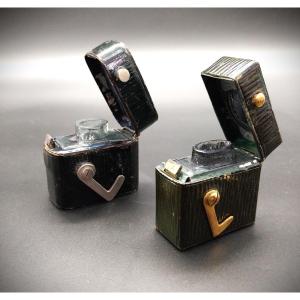 Antique Travel Inkwells Covered In Leather, 19th Century