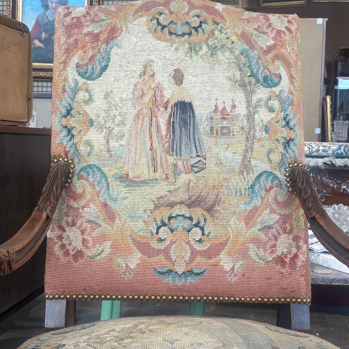 Antique Pair Of Walnut Armchairs, 18th-century France, Upholstered With Aubusson --photo-1