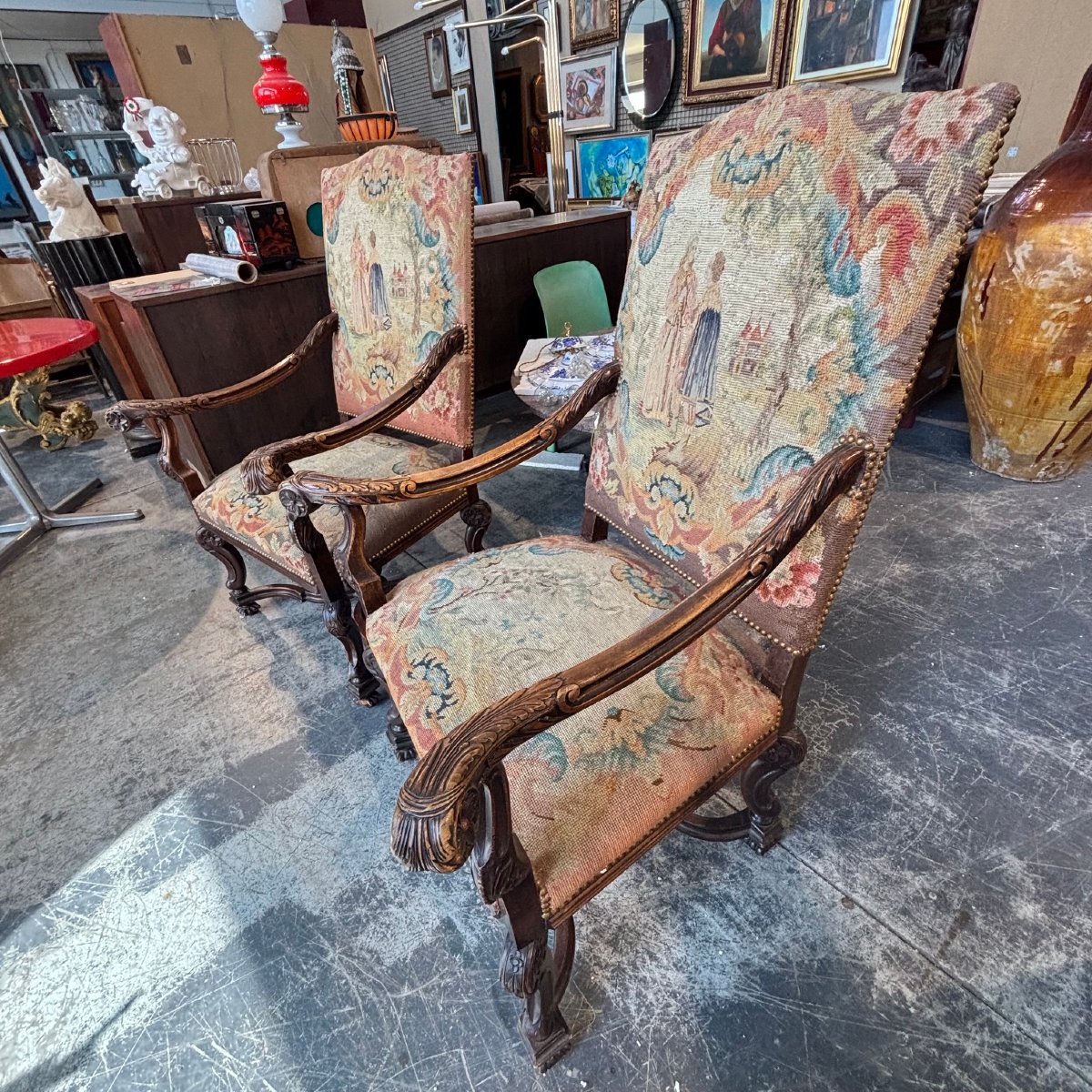 Antique Pair Of Walnut Armchairs, 18th-century France, Upholstered With Aubusson --photo-5