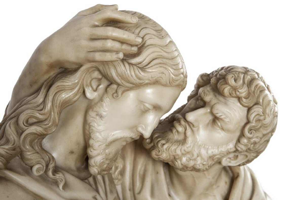 Groupe sculpté en marbre de Carrare représentant le Baiser de Judas-photo-1