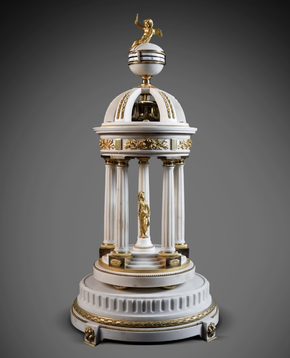 Architectural Temple-form Clock In Carrara Marble And Gilt Bronze – France, Late 18th / Early 1