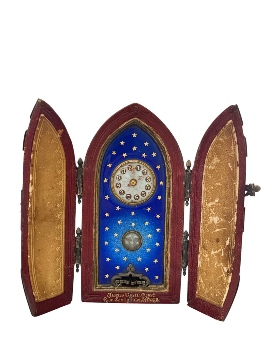 Miniature Gothic-style Travel Clock, Alexis David, Paris, Mid-19th Century