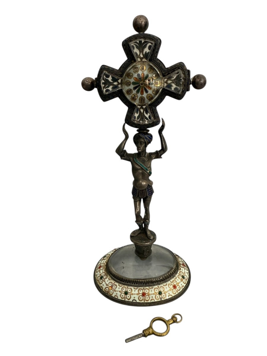 Austrian Silver Moor Clock With Enameled Cross And Rock Crystal Base