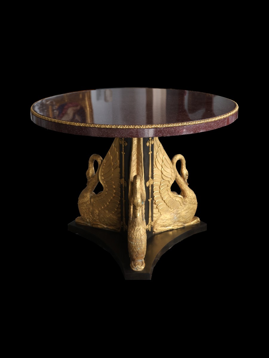 Center Table In Patinated And Gilt Bronze With Egyptian Red Porphyry Top, France, Empire Period