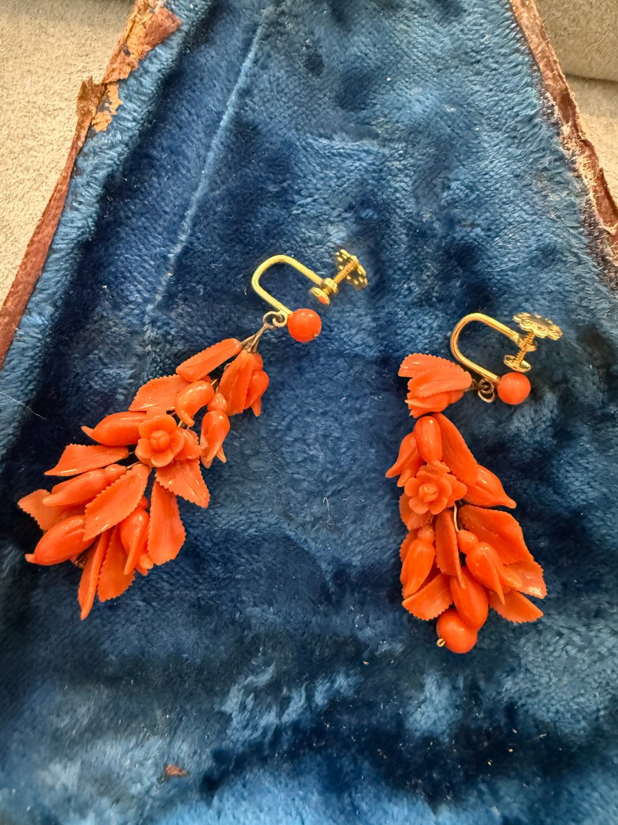 Broche florale et boucles d’oreilles en corail rouge, monture en or – Trapani, seconde moitié d-photo-2