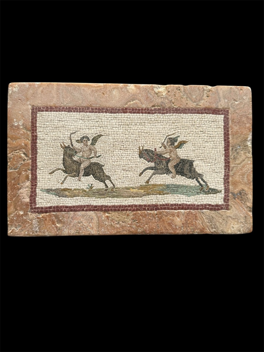 Micromosaïque romaine avec amours sur boucs  Rome, première moitié du XIXe siècle