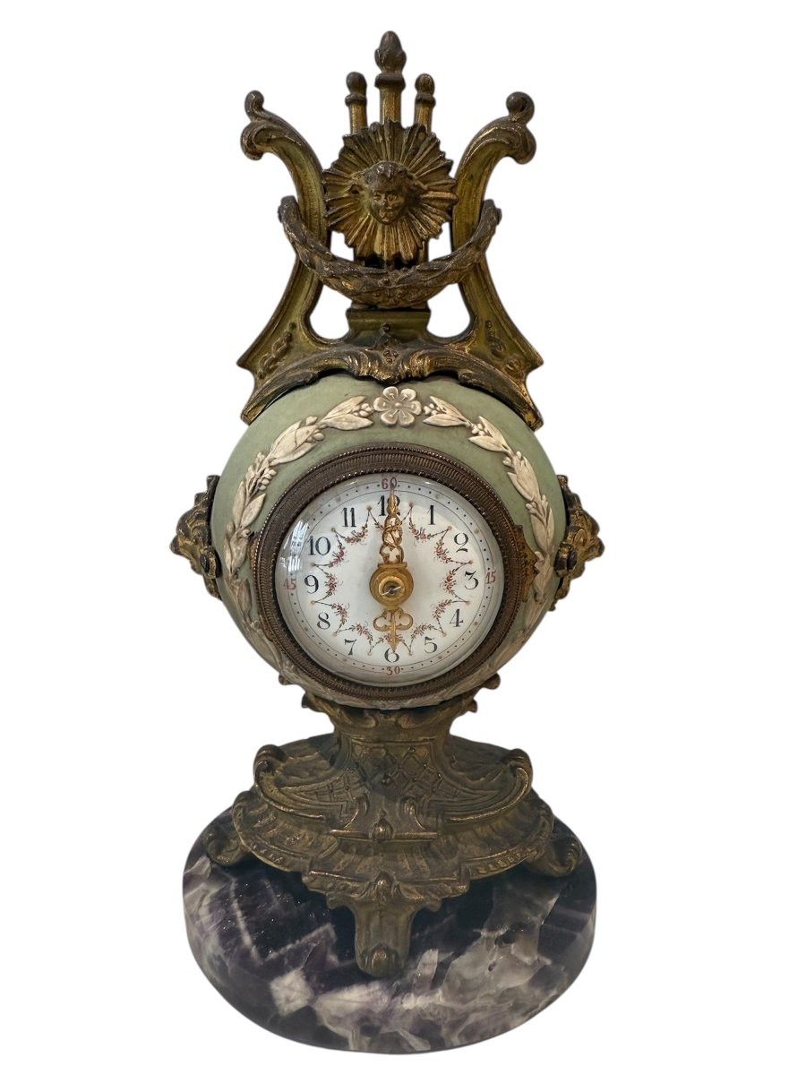English Mantelpiece Clock Garniture In Witchwood Porcelain, Gilt Bronze And Blue John -photo-3