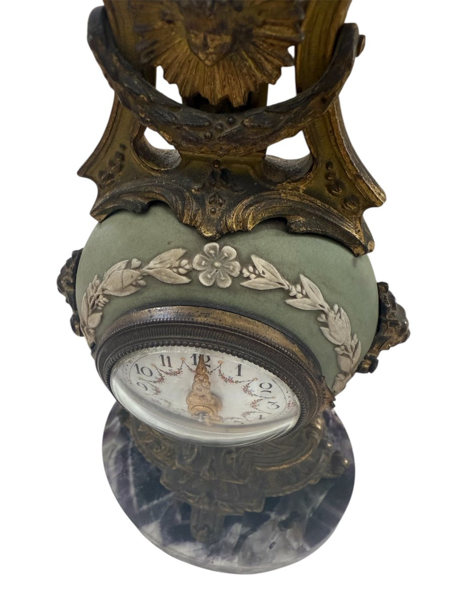 English Mantelpiece Clock Garniture In Witchwood Porcelain, Gilt Bronze And Blue John -photo-3