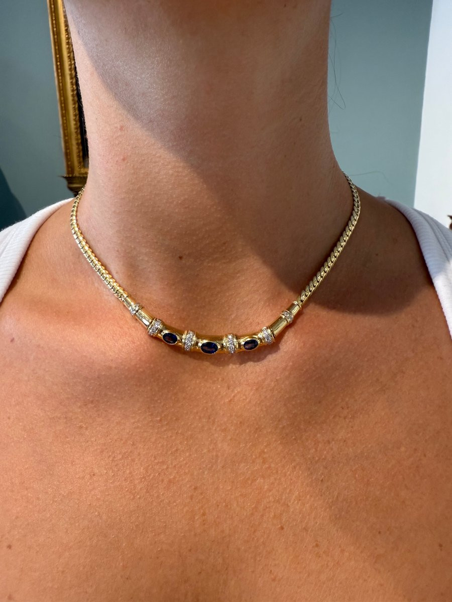 Collier en or avec saphirs et diamants, années 1980-photo-2