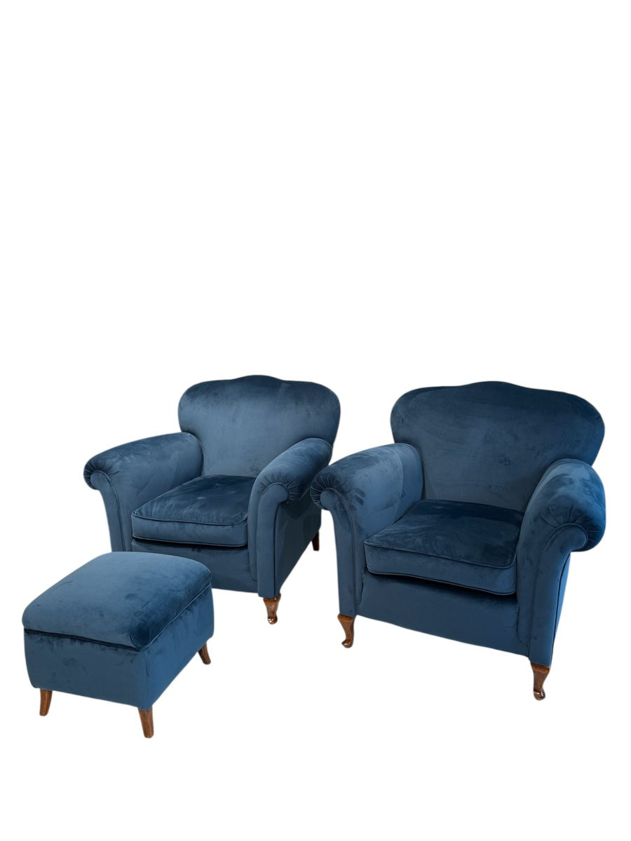 Paire de fauteuils avec pouf assorti en velours bleu changeant-photo-2