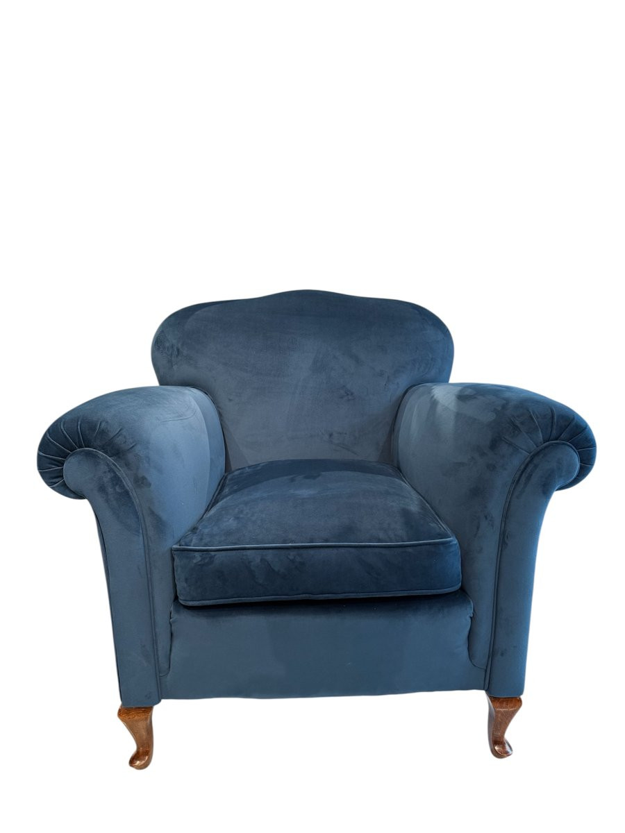 Paire de fauteuils avec pouf assorti en velours bleu changeant-photo-3