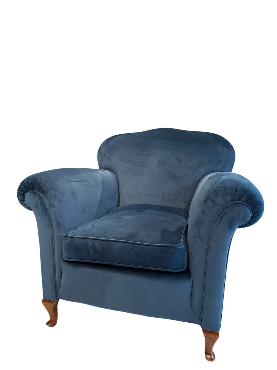 Paire de fauteuils avec pouf assorti en velours bleu changeant-photo-4