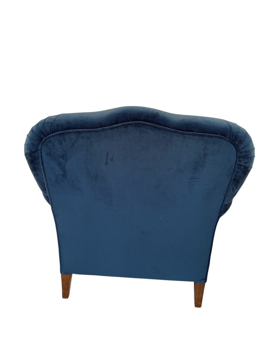Paire de fauteuils avec pouf assorti en velours bleu changeant-photo-2
